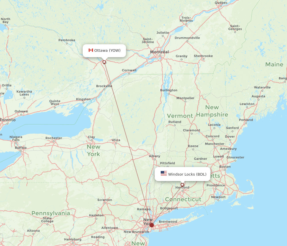 Hartford - Ottawa route map and flight paths