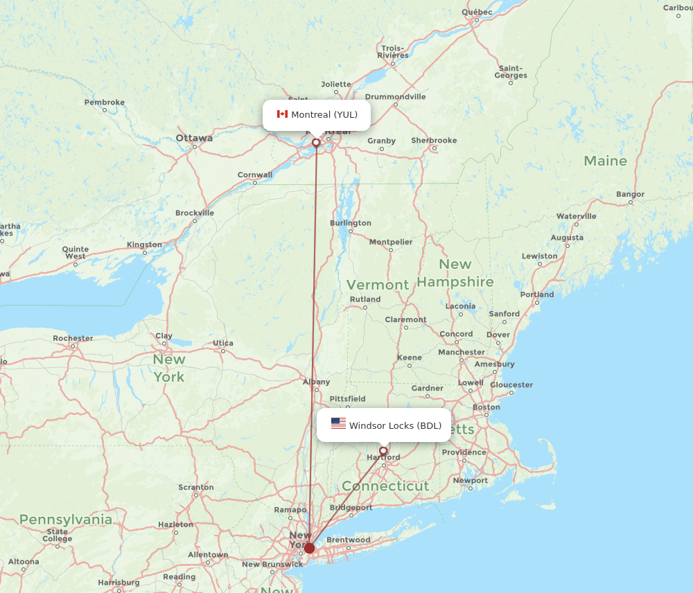 Hartford - Montreal route map and flight paths