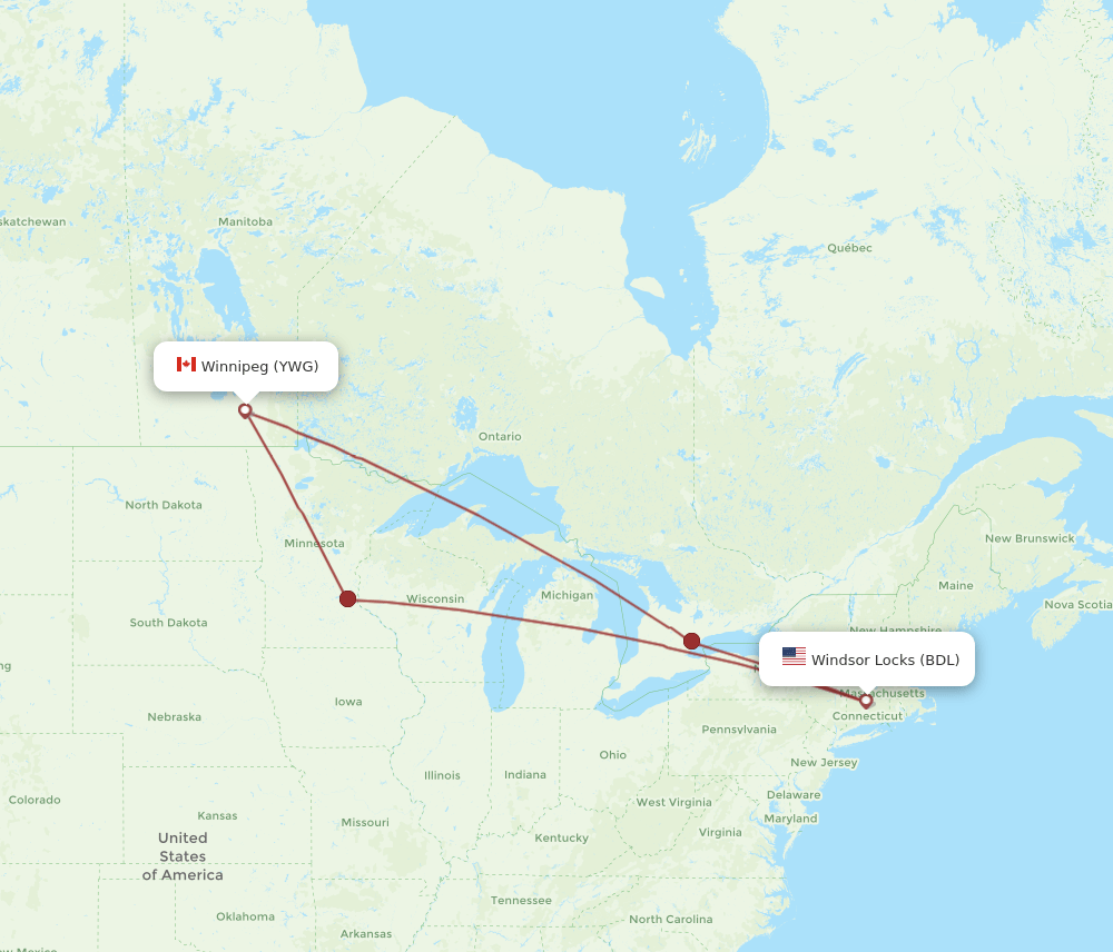 BDL-YWG flight routes