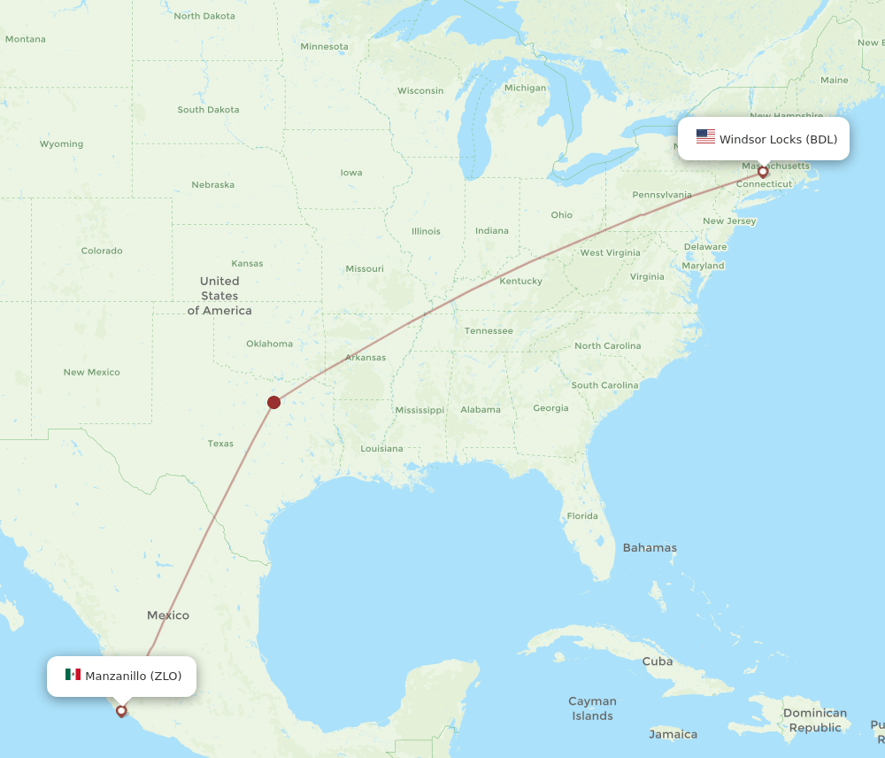 Hartford - Manzanillo route map and flight paths