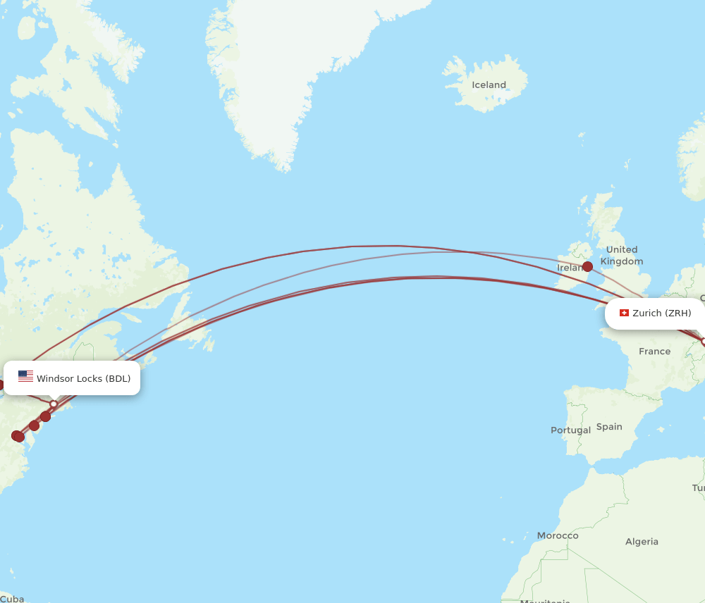 BDL to ZRH flights and routes map