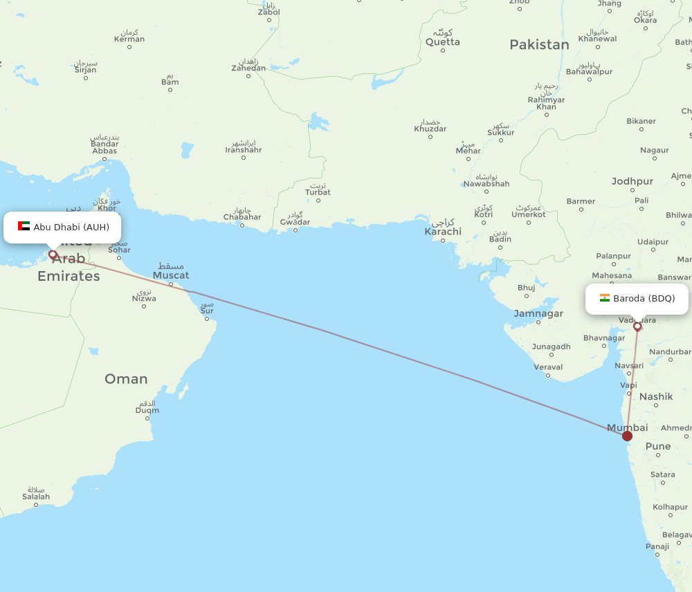 Abu Dhabi - Vadodara route map and flight paths