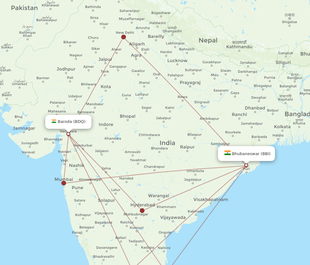 BDQ to BBI flights and routes map