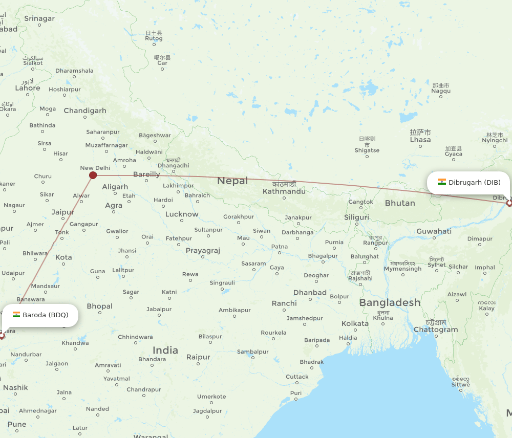 Dibrugarh - Vadodara route map and flight paths