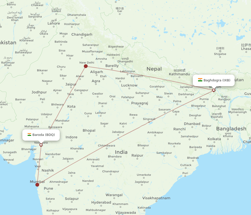 BDQ to IXB flights and routes map