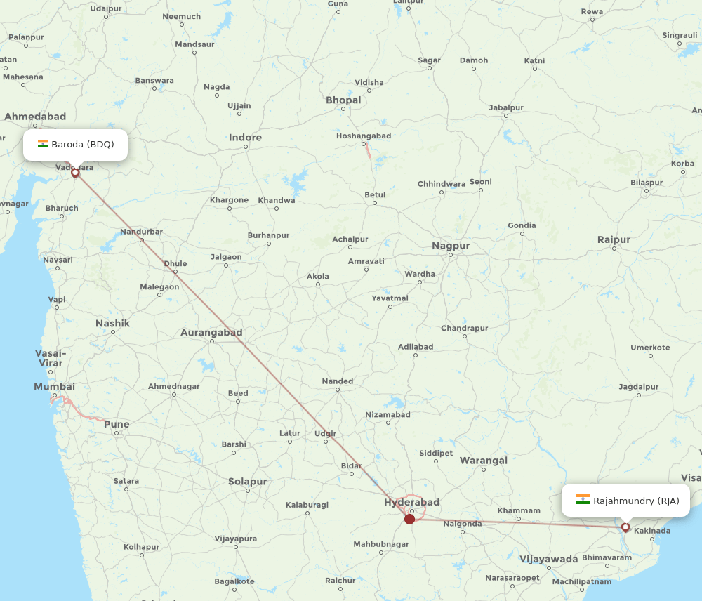 BDQ to RJA flights and routes map