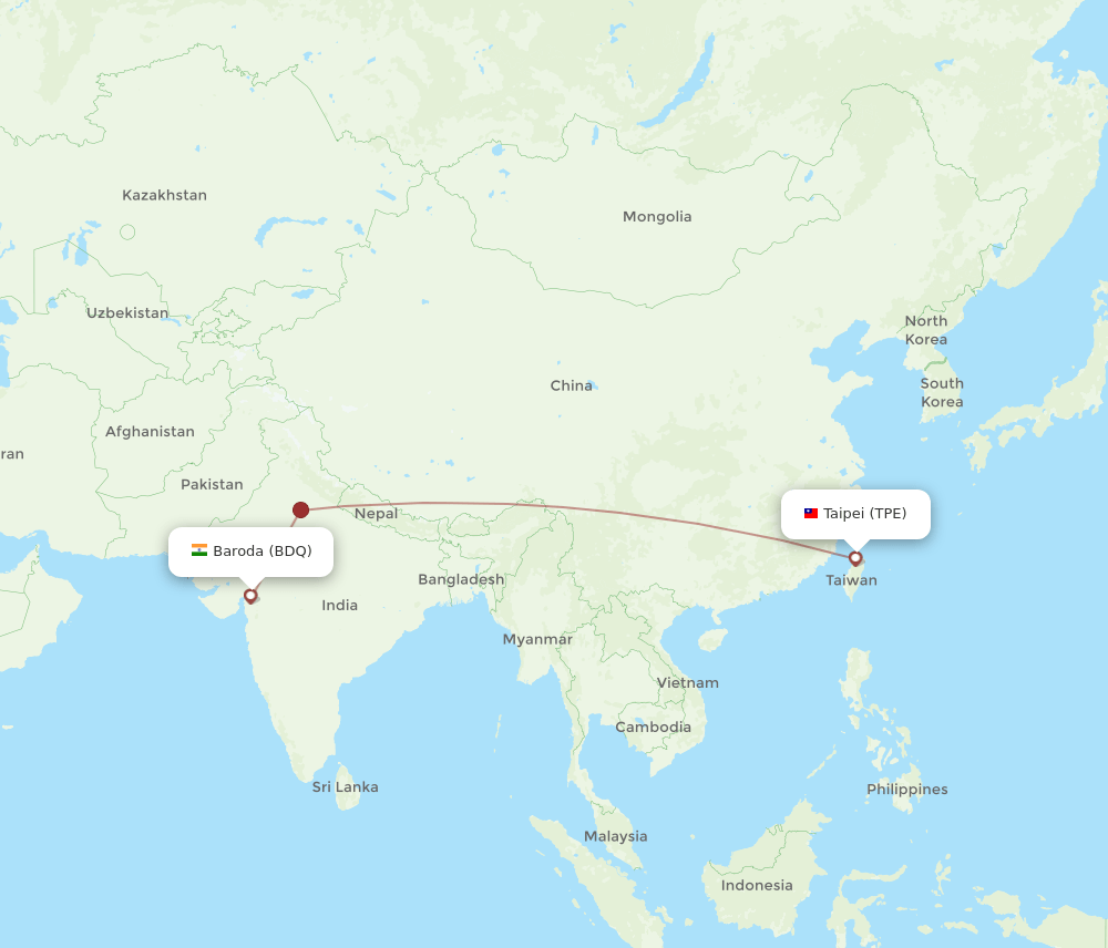 Vadodara - Taipei route map and flight paths