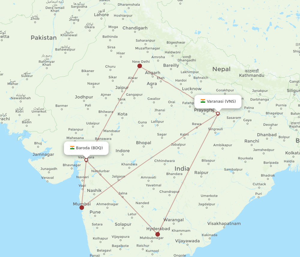 BDQ-VNS flight routes