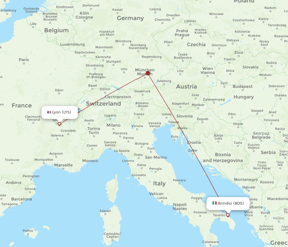 Brindisi - Lyon route map and flight paths