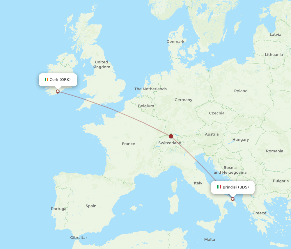 Cork - Brindisi route map and flight paths