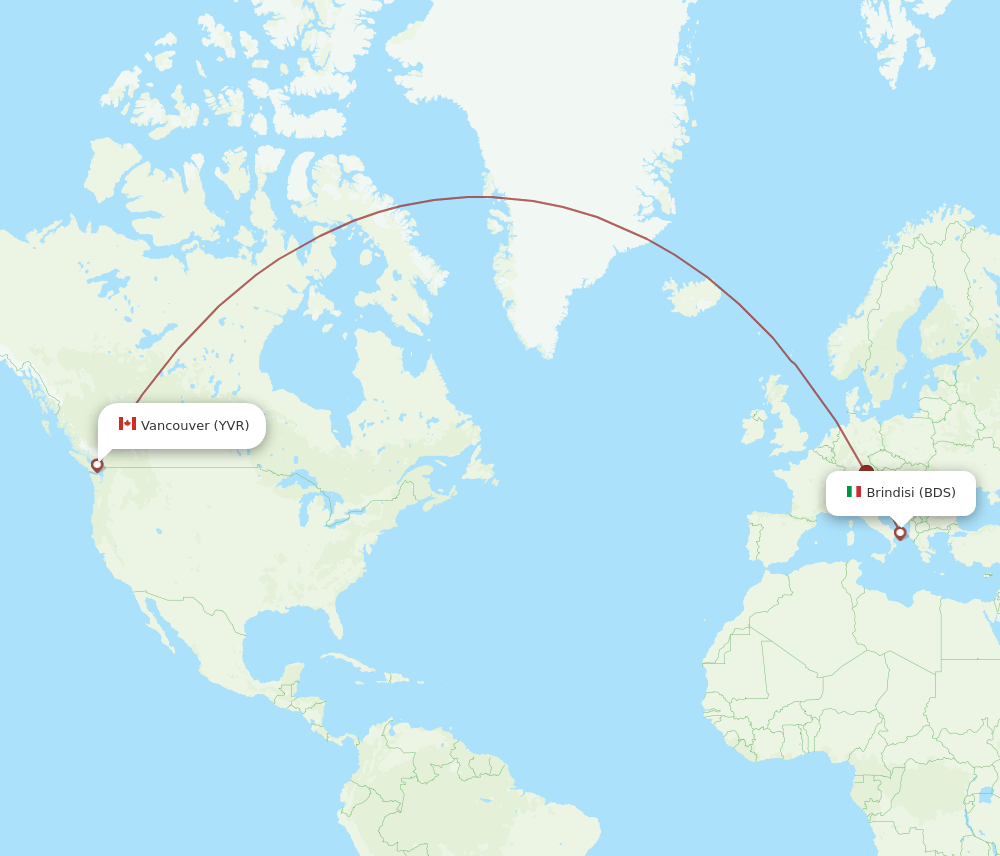 BDS to YVR flights and routes map