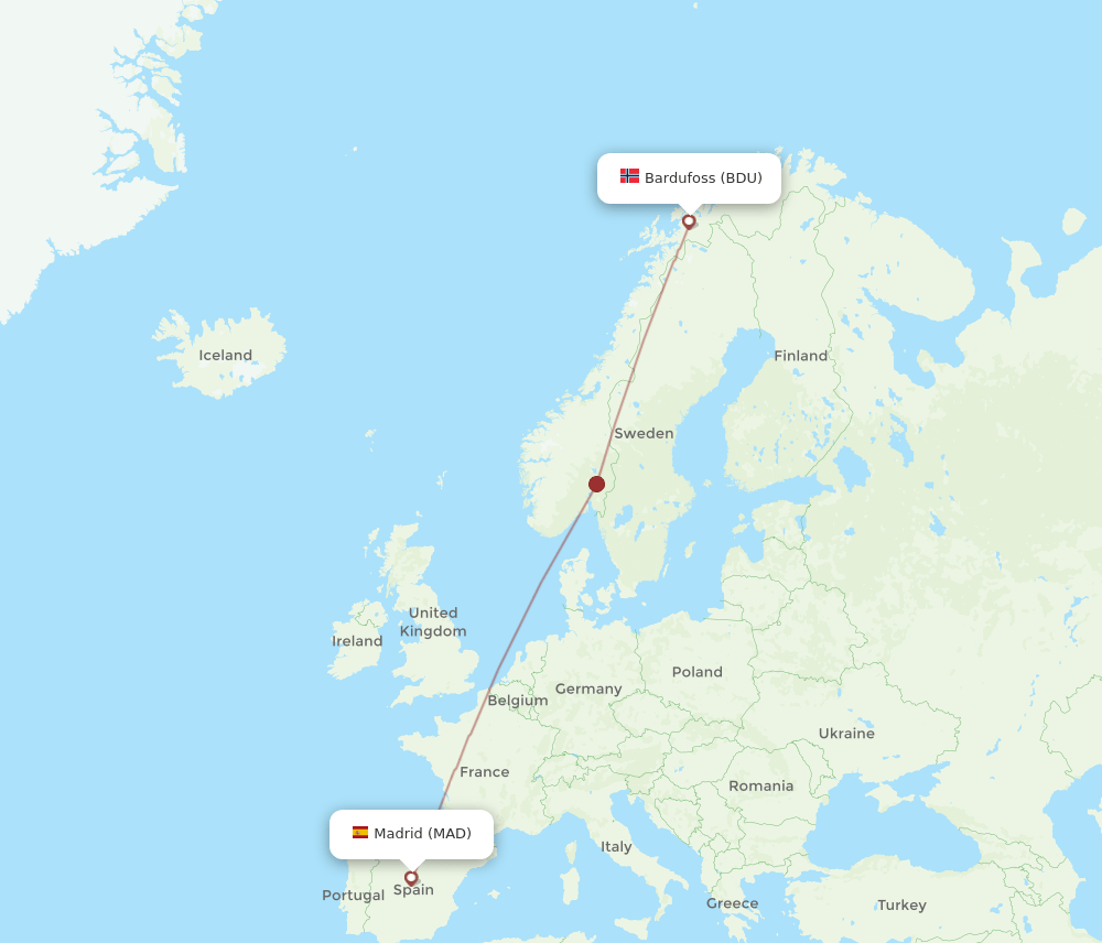 Madrid - Bardufoss route map and flight paths