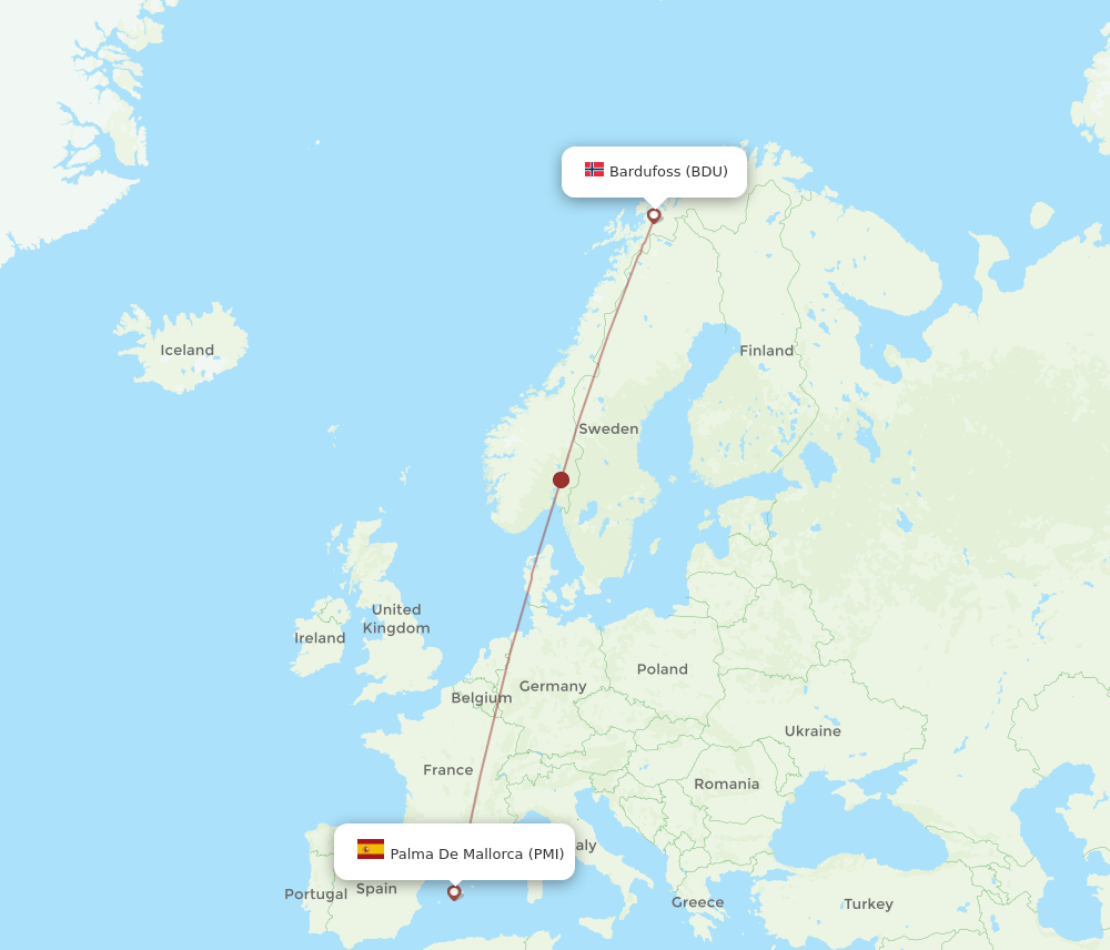 Palma de Mallorca - Bardufoss route map and flight paths