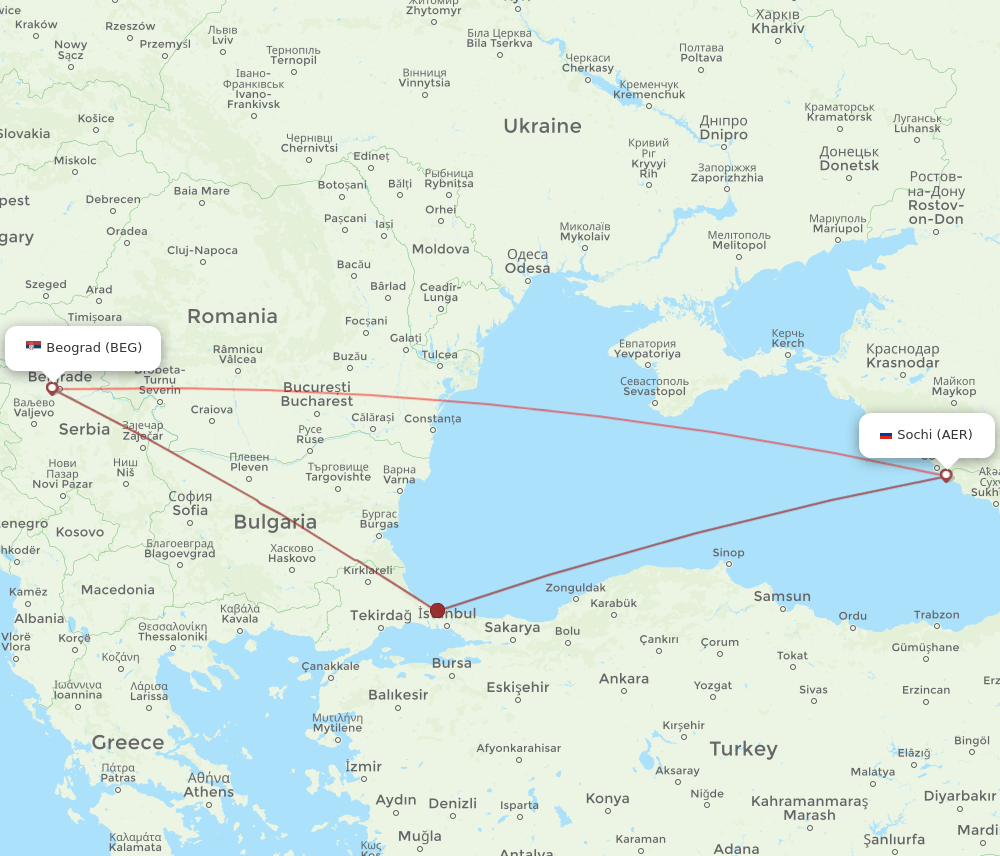 Belgrade - Adler/Sochi route map and flight paths