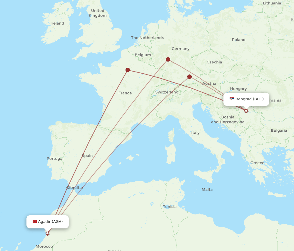 BEG-AGA flight routes