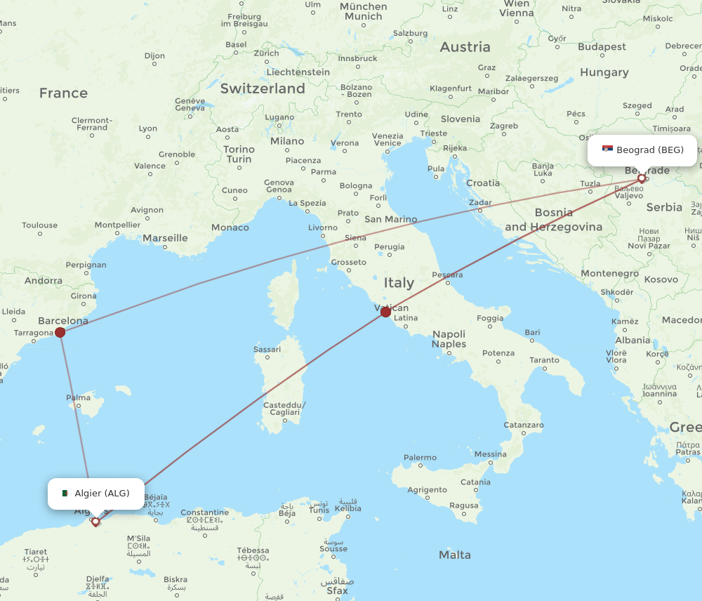 BEG-ALG flight routes