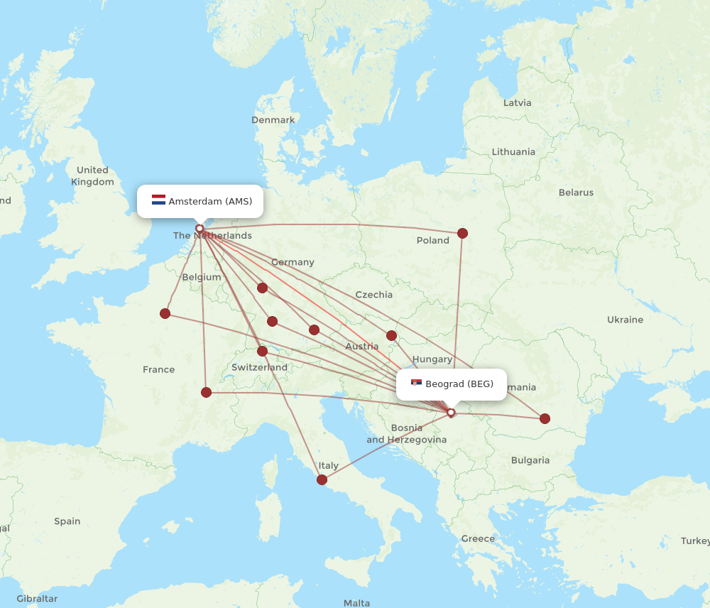 BEG to AMS flights and routes map