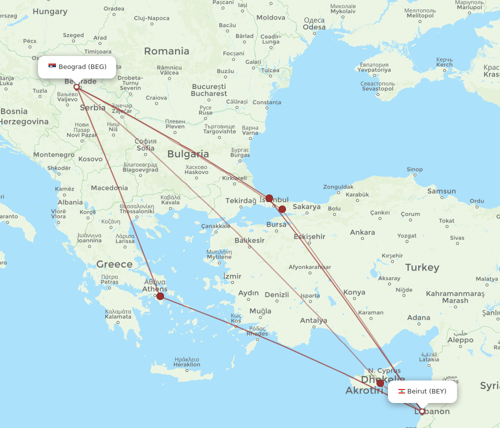 BEG to BEY flights and routes map
