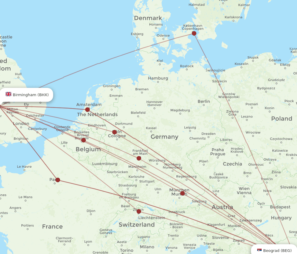 BEG-BHX flight routes