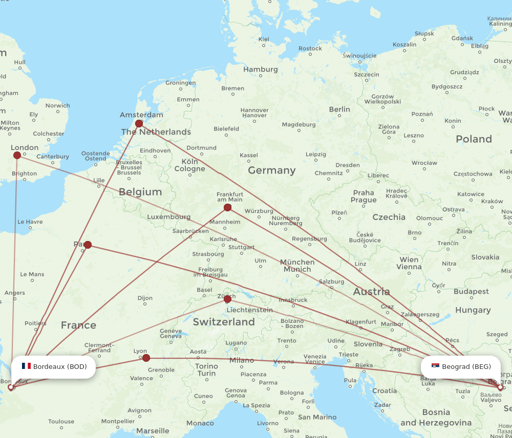 BEG-BOD flight routes