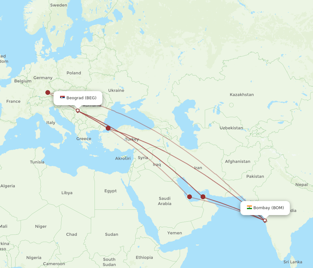 BEG to BOM flights and routes map