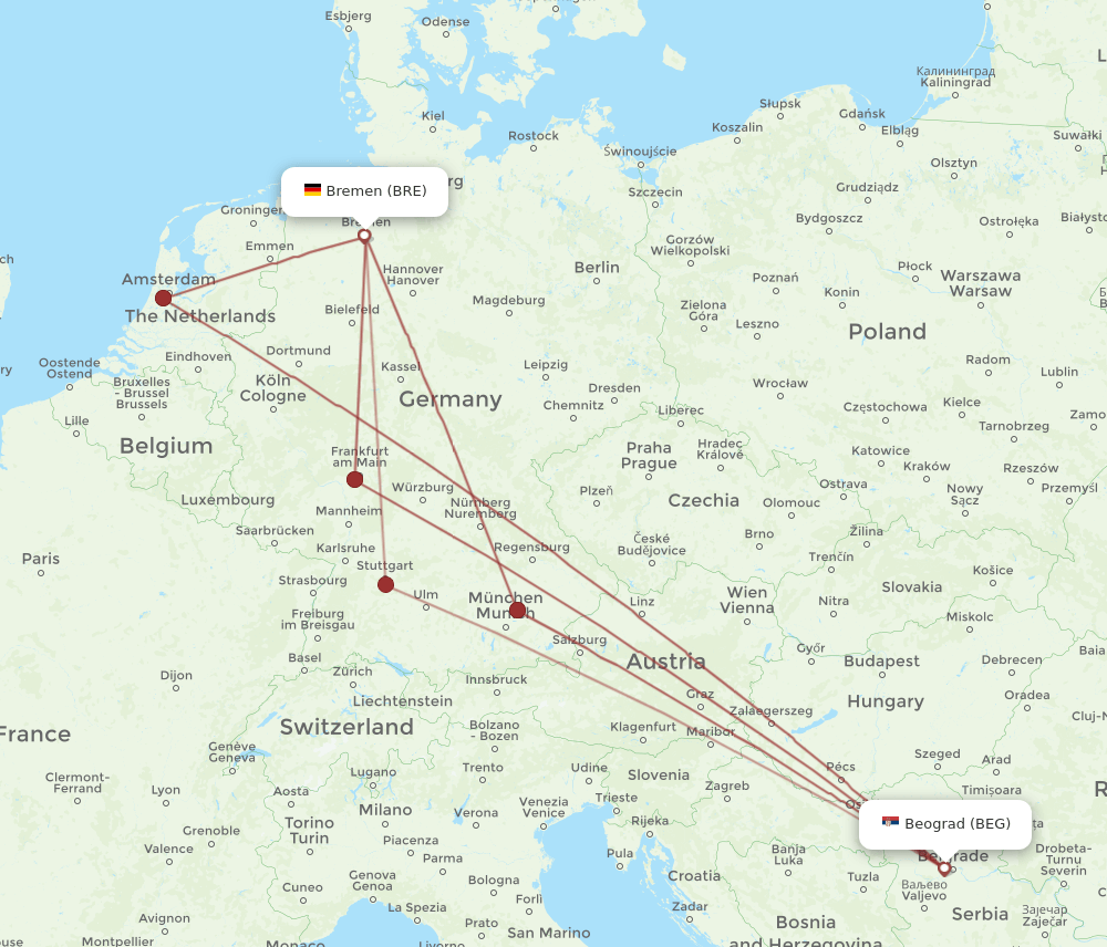 BEG to BRE flights and routes map