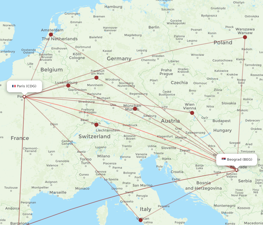 BEG to CDG flights and routes map