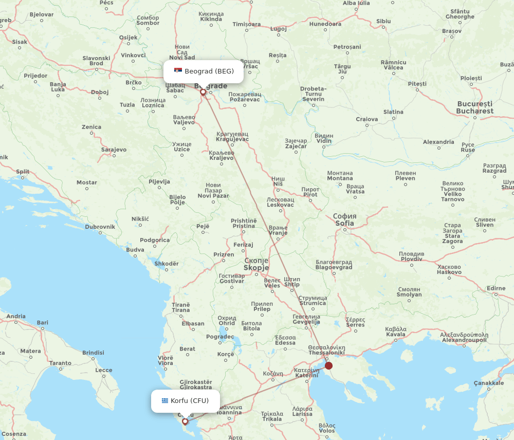 Belgrade - Kerkyra route map and flight paths