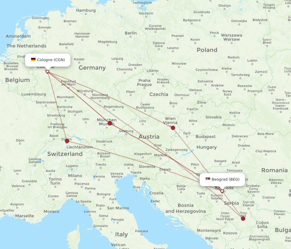 BEG to CGN flights and routes map