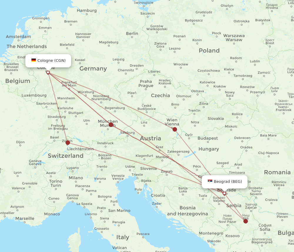 BEG-CGN flight routes