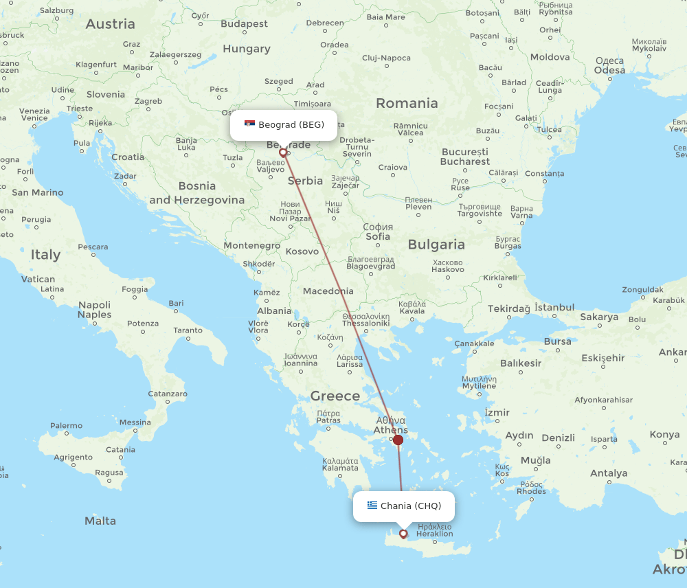 BEG to CHQ flights and routes map