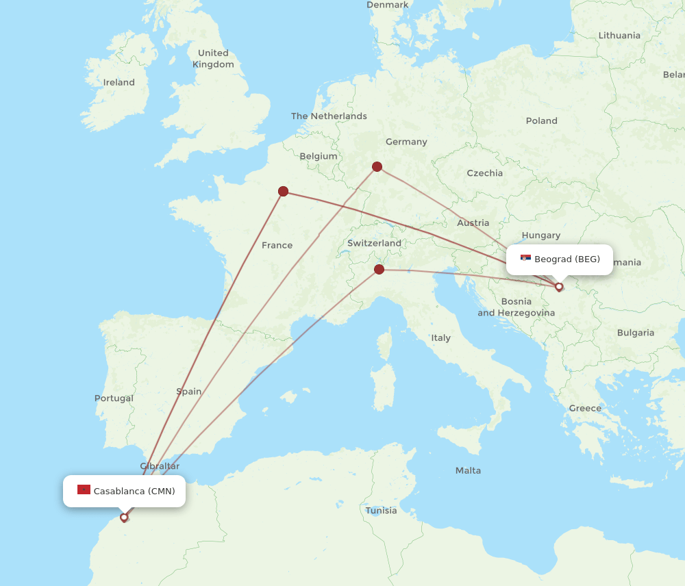 BEG-CMN flight routes