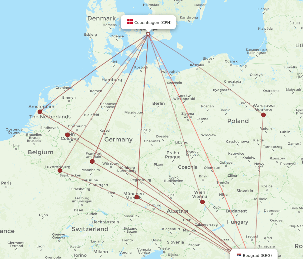 BEG to CPH flights and routes map