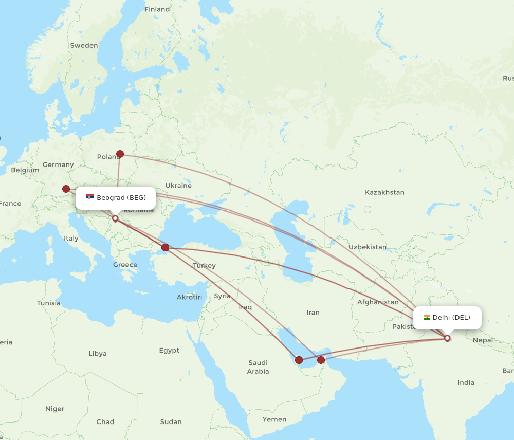 BEG-DEL flight routes