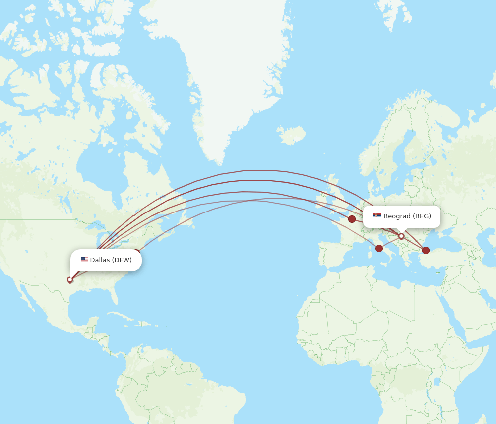 BEG-DFW flight routes