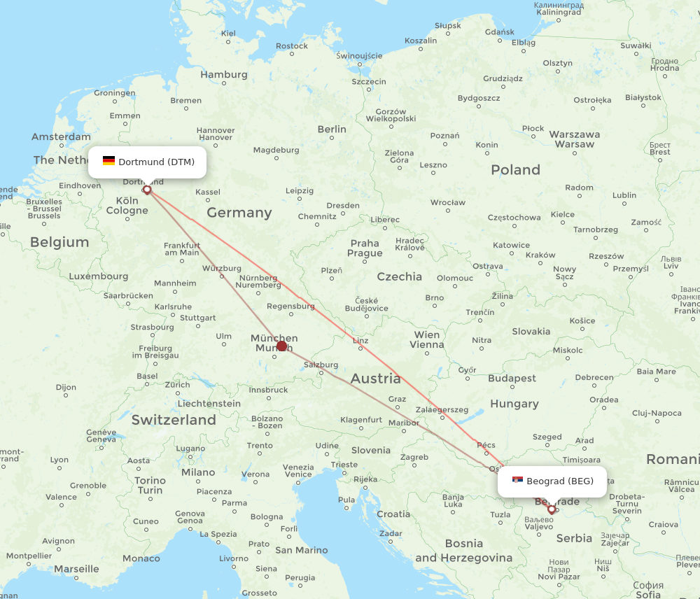 BEG to DTM flights and routes map