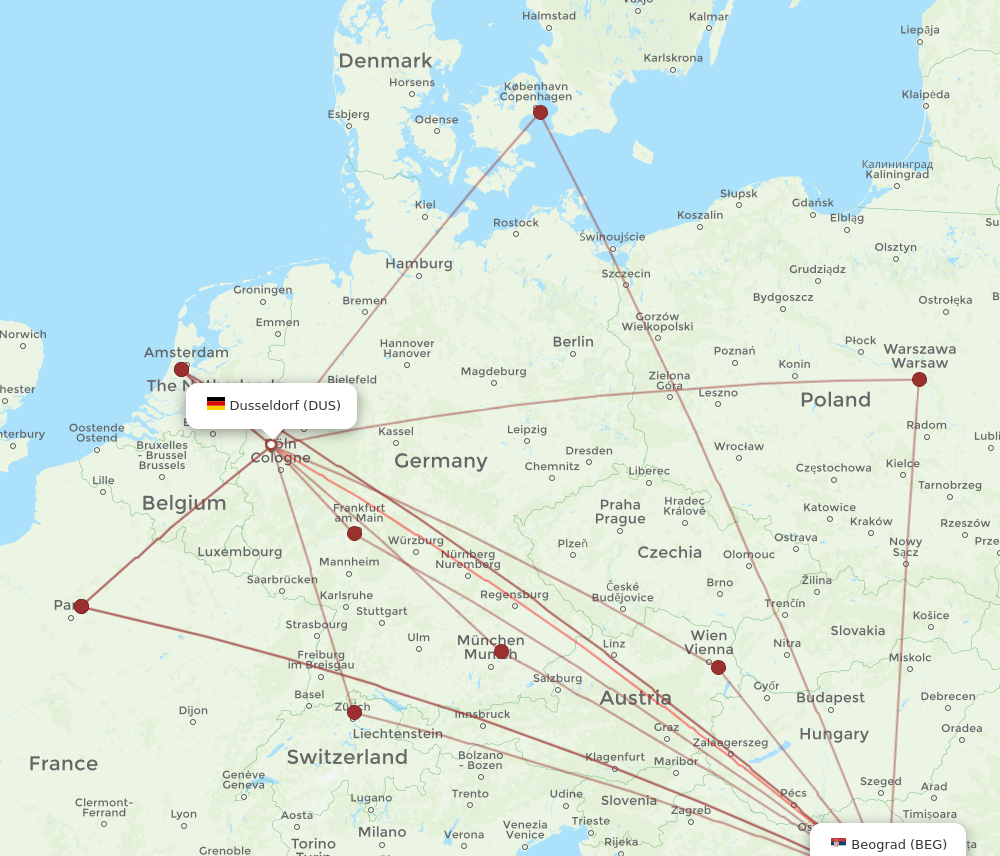 BEG to DUS flights and routes map