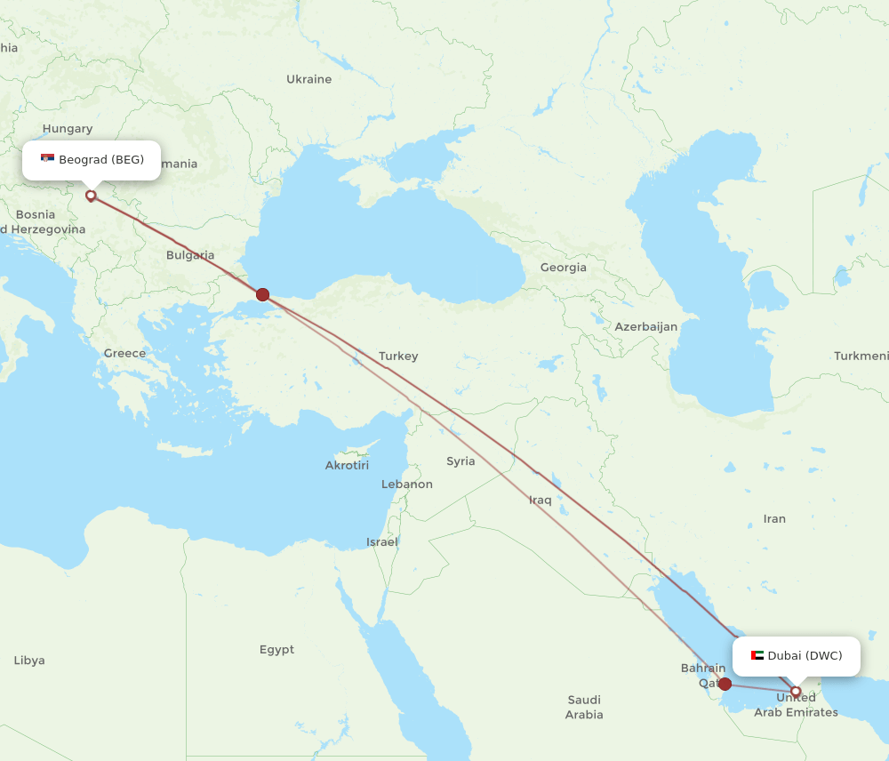BEG to DWC flights and routes map