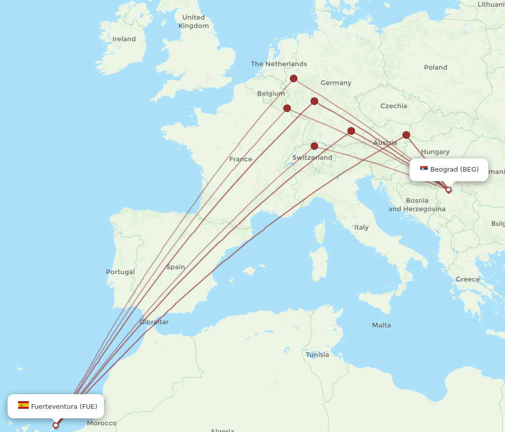 BEG-FUE flight routes