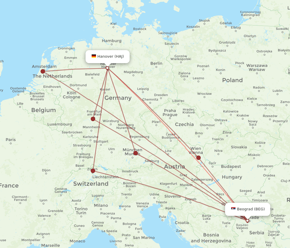 BEG to HAJ flights and routes map