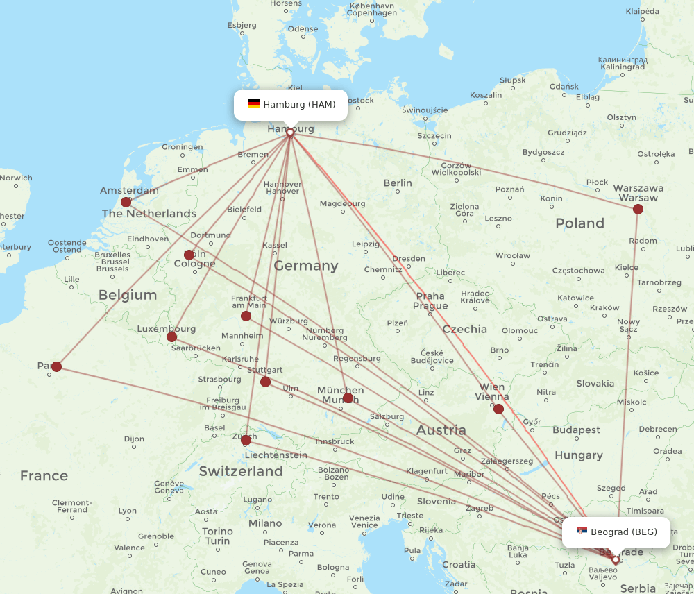 BEG to HAM flights and routes map