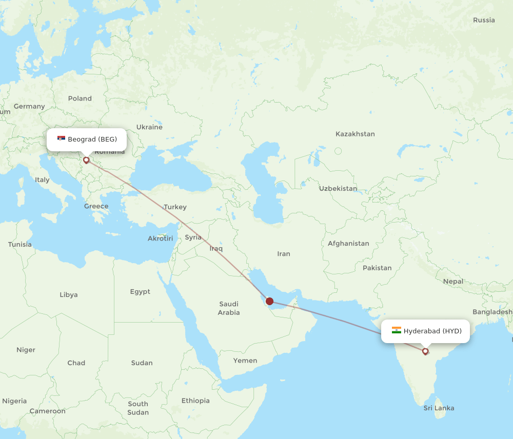 BEG to HYD flights and routes map