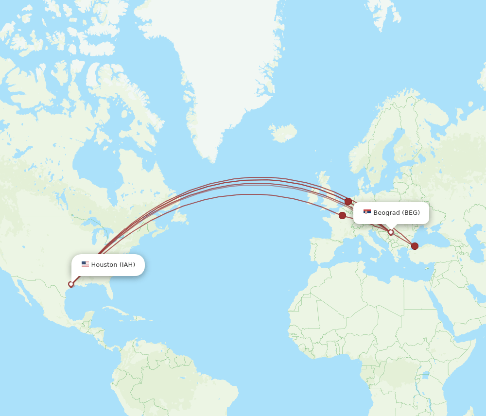BEG-IAH flight routes