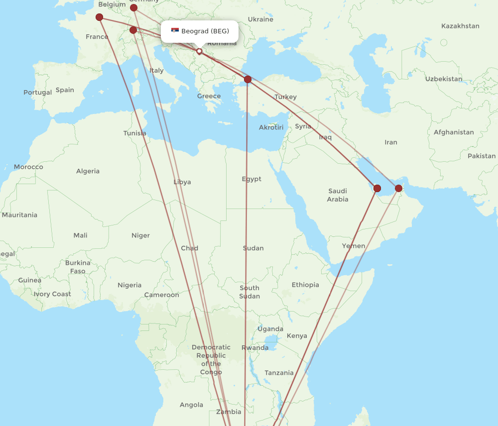 BEG to JNB flights and routes map