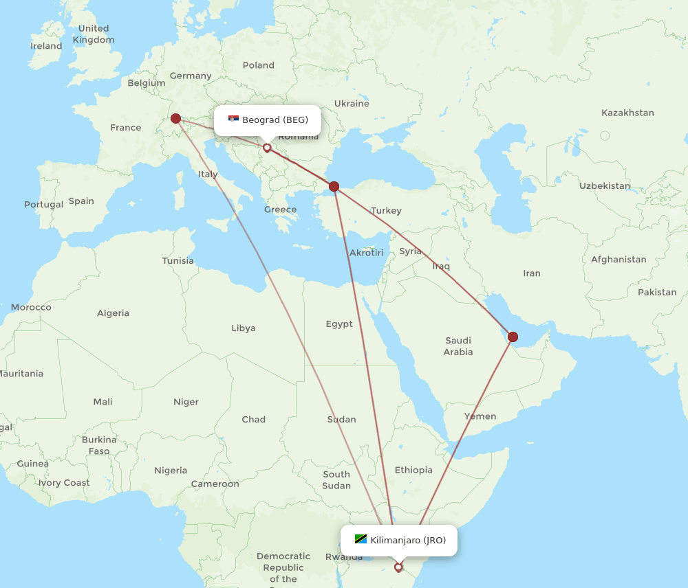 BEG to JRO flights and routes map