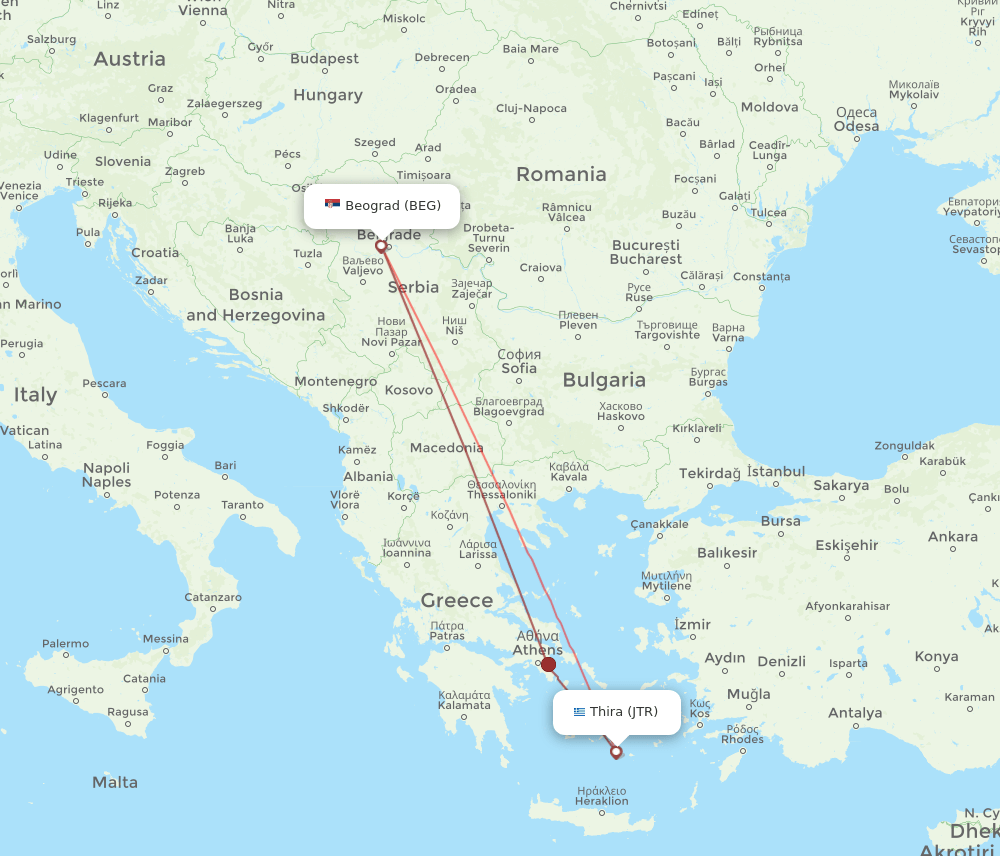 BEG-JTR flight routes