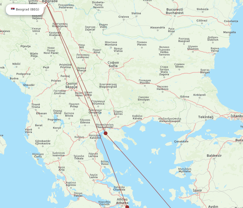 BEG-KGS flight routes