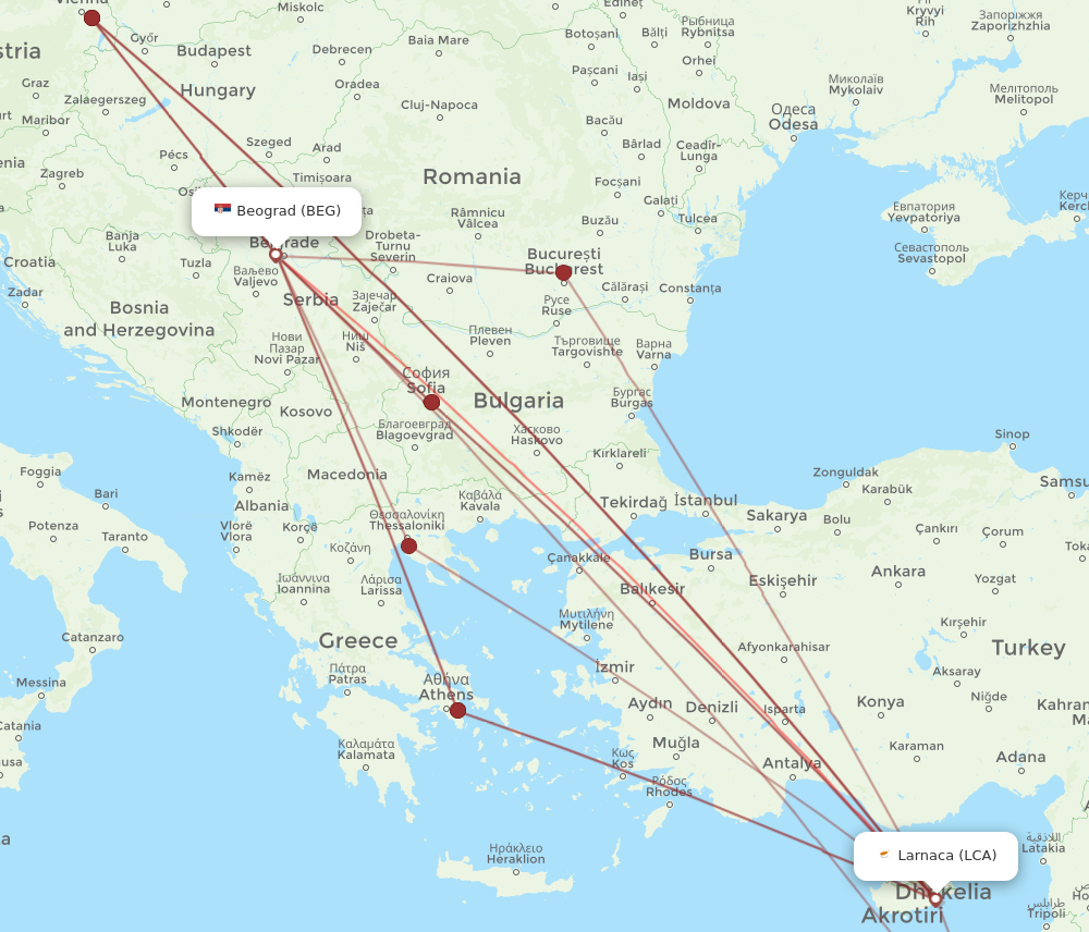 BEG to LCA flights and routes map