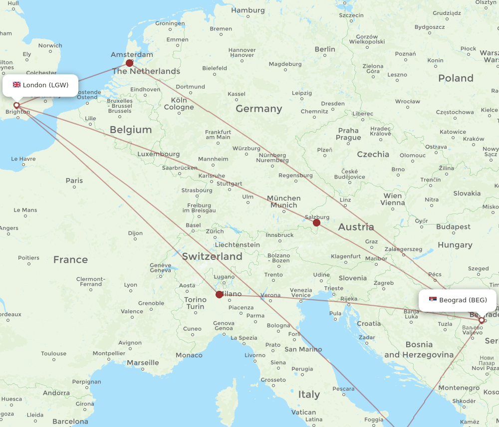 BEG to LGW flights and routes map