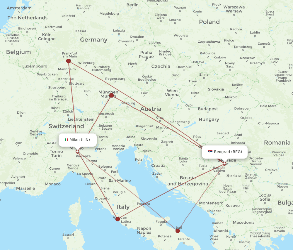 BEG to LIN flights and routes map